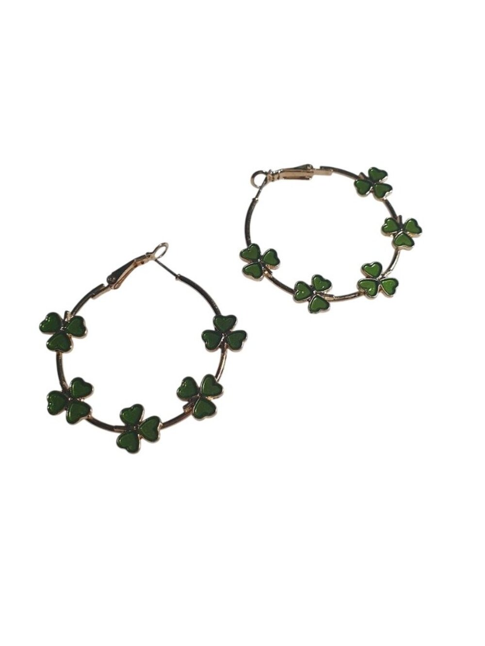 Shamrock Clover Hoop Earrings Green Enamel Gold Tone 1.5 Inch Diameter Lightweig